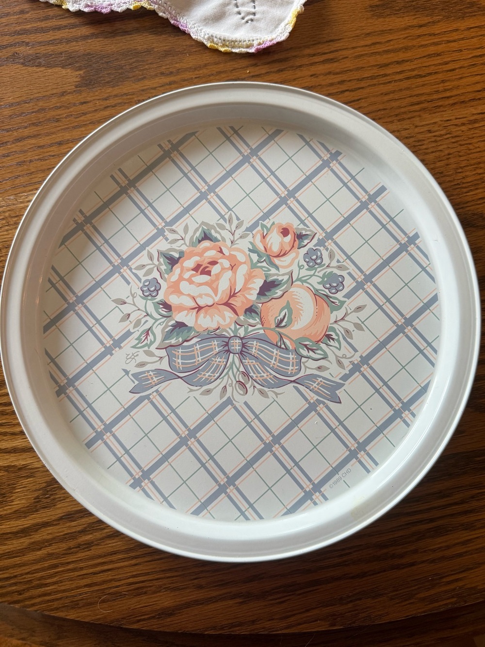 Floral Metal Serving Tray in Pastel Peach and Dusty Blue